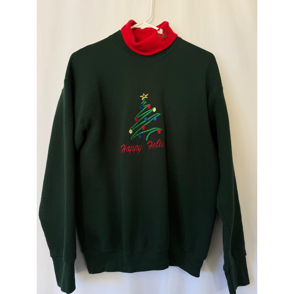 VTG Fruit of the Loom Christmas Tree‎ Mock Neck Sweatshirt Green Womens Medium